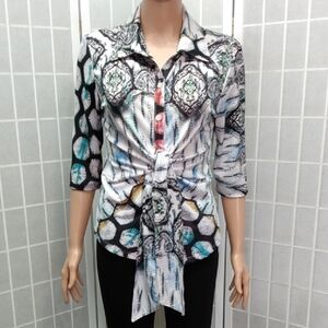 Paris IQ WMNS Button Down Shirt with‎ Tie Front Geometric Print  Size Large